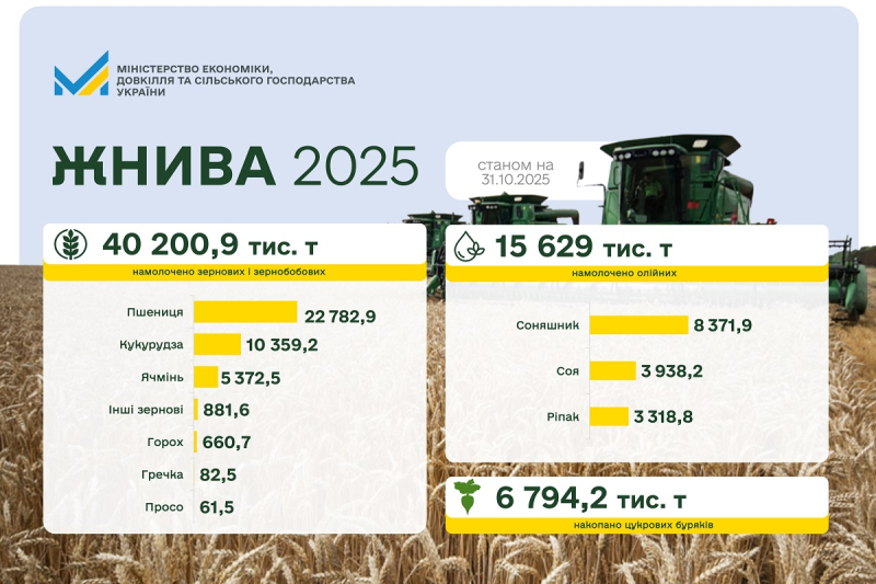 Урожай 2025: Украина уже собрала более 40 миллионов тонн зерна, обмолочено 76% площадей