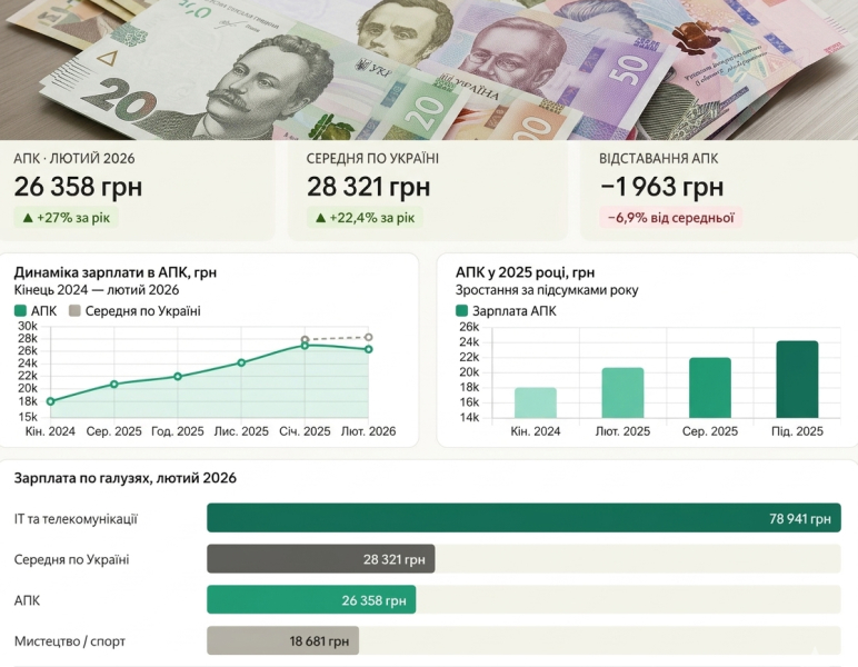 В Украине зарплата в АПК выросла на 27% Источник: Госстат Украины · Данные: февраль 2026 г. 

<h2><strong>АПК отстает от среднего</strong></h2>
<p style=